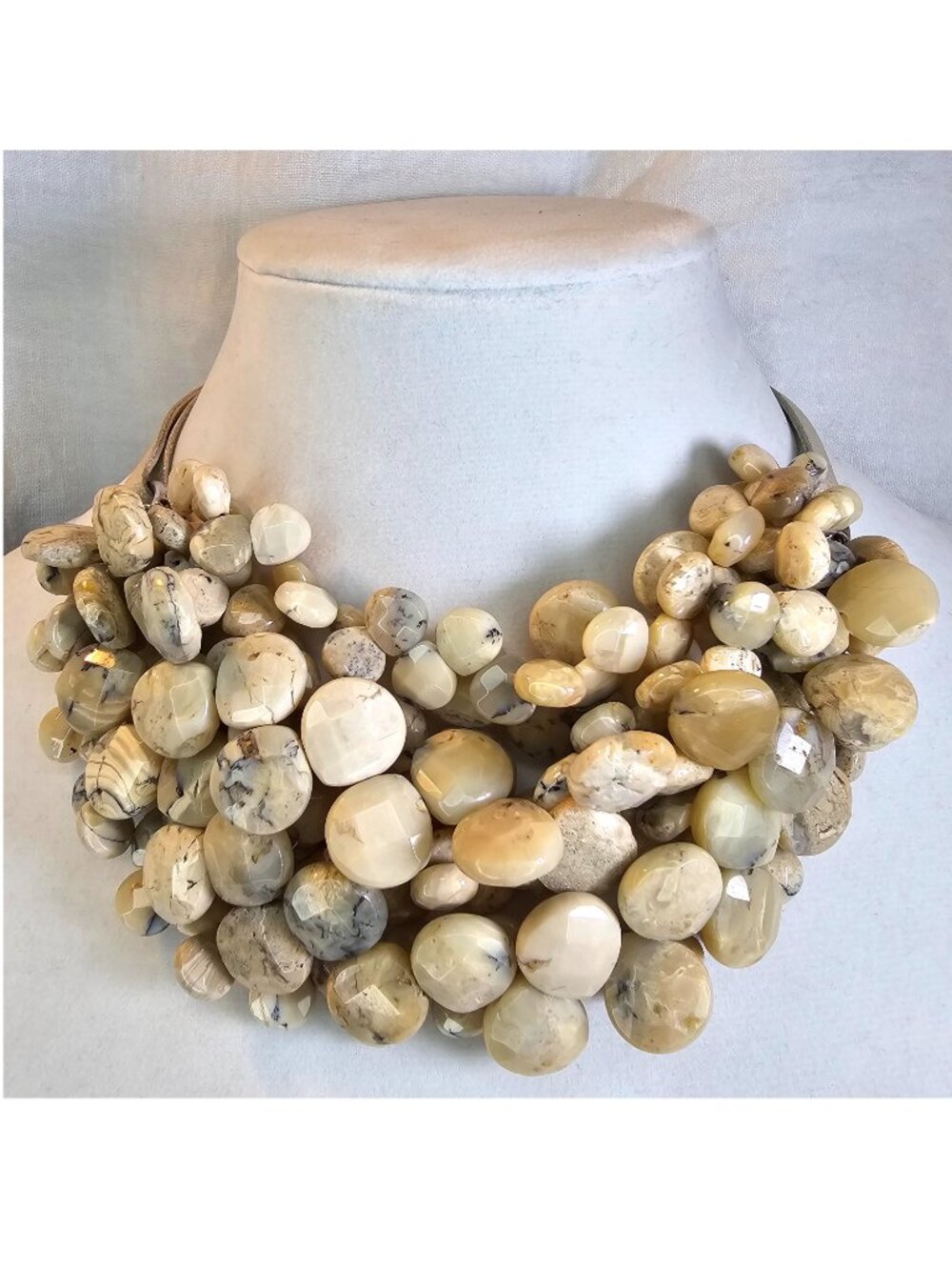 Brunello Cucinelli Natural Stone & Leather Statement Bib Collar Necklace 16.5”